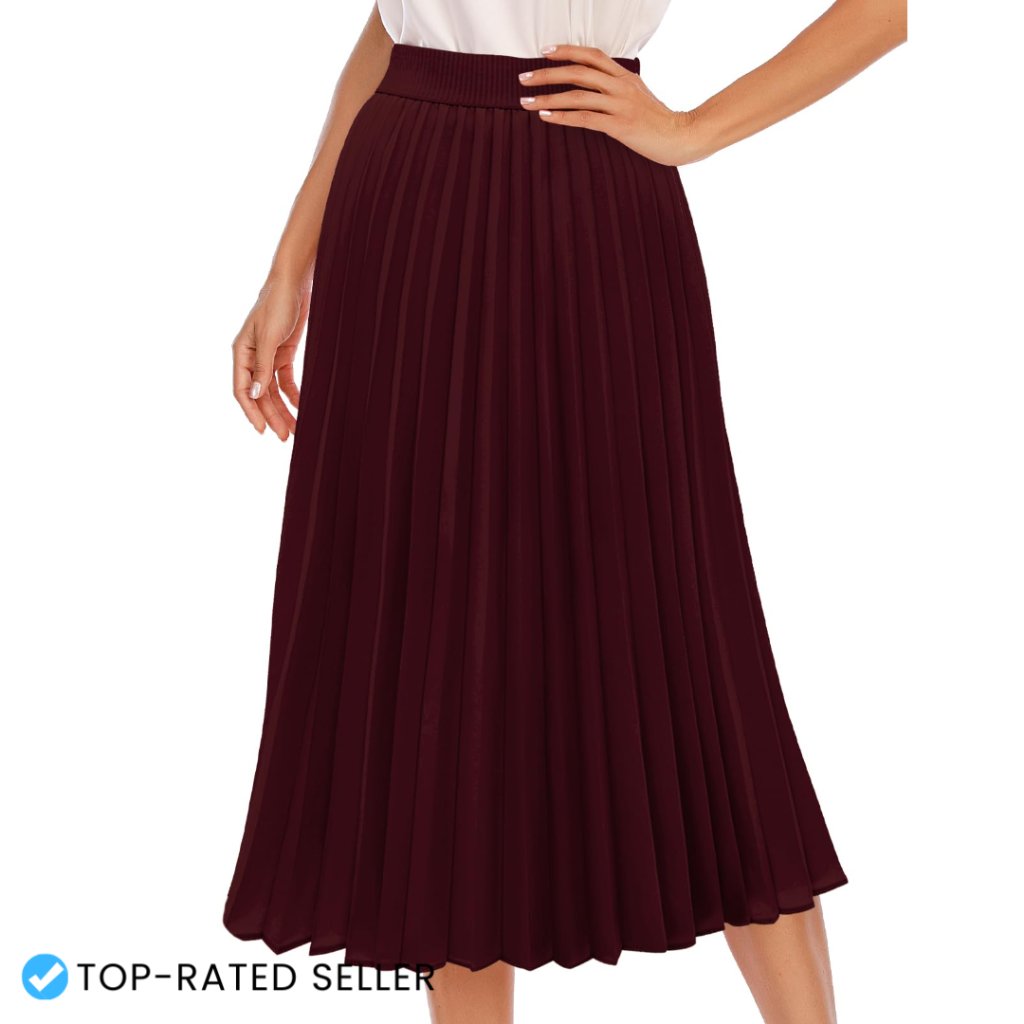 Pleated Midi Skirt A-Line Chiffon Elastic Waist Flowy Elegant Boho